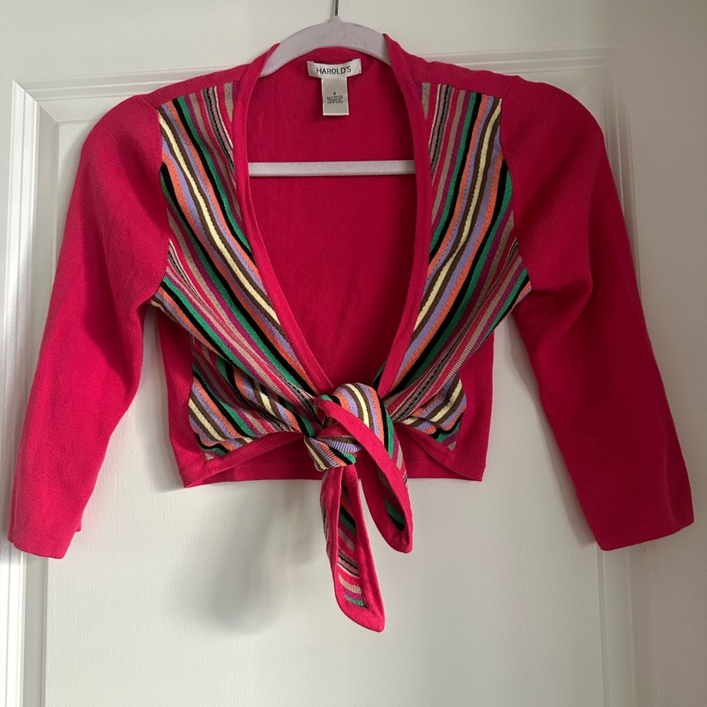 Harold's Pink Cardigan with Striped Accents